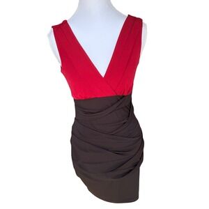Sweet Storm Red Black Colorblock Ruched Bodycon Dress V-Neck Style Small Vintage